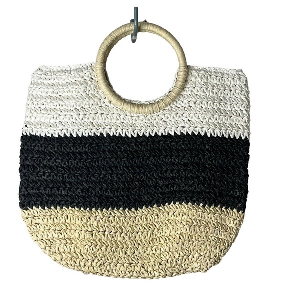 Talbots Hand Crochet Straw Circle Handle Tote Bag Colorblock Brown Cream Tan NEW - Picture 5 of 9